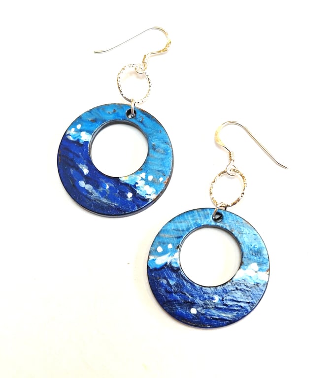 Hand Painted Wood Earrings with Sterling Silver, Seascape Design, Blue and White