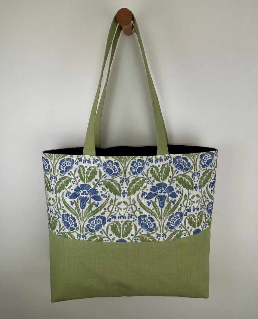 Arts and Crafts Style Tote Bag, Floral Block Print, Green Canvas