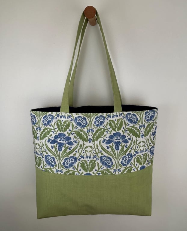 Arts and Crafts Style Tote Bag, Floral Block Print, Green Canvas