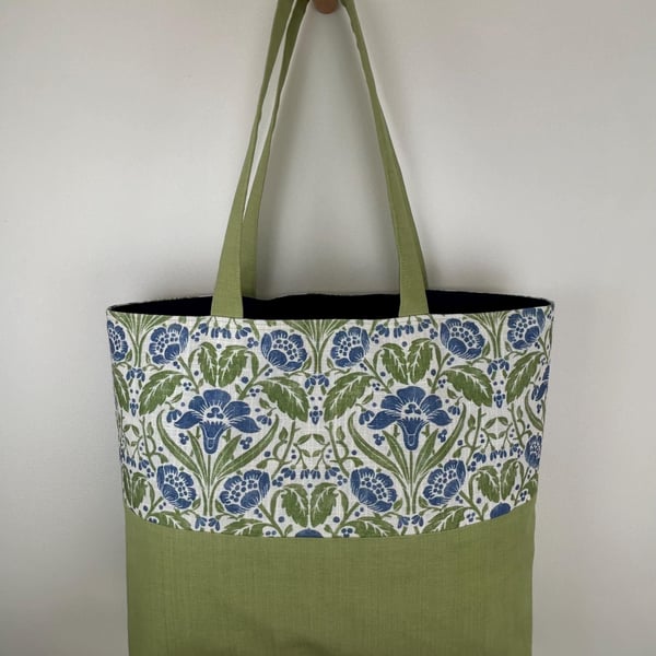 Arts and Crafts Style Tote Bag, Floral Block Print, Green Canvas