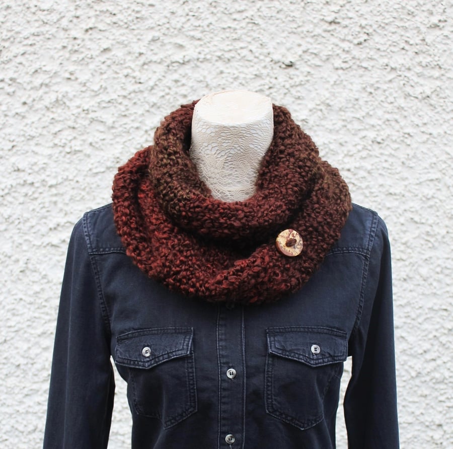 scarf snood brown knitted,womens neckwear, gift guide, knitwear UK, vegan 