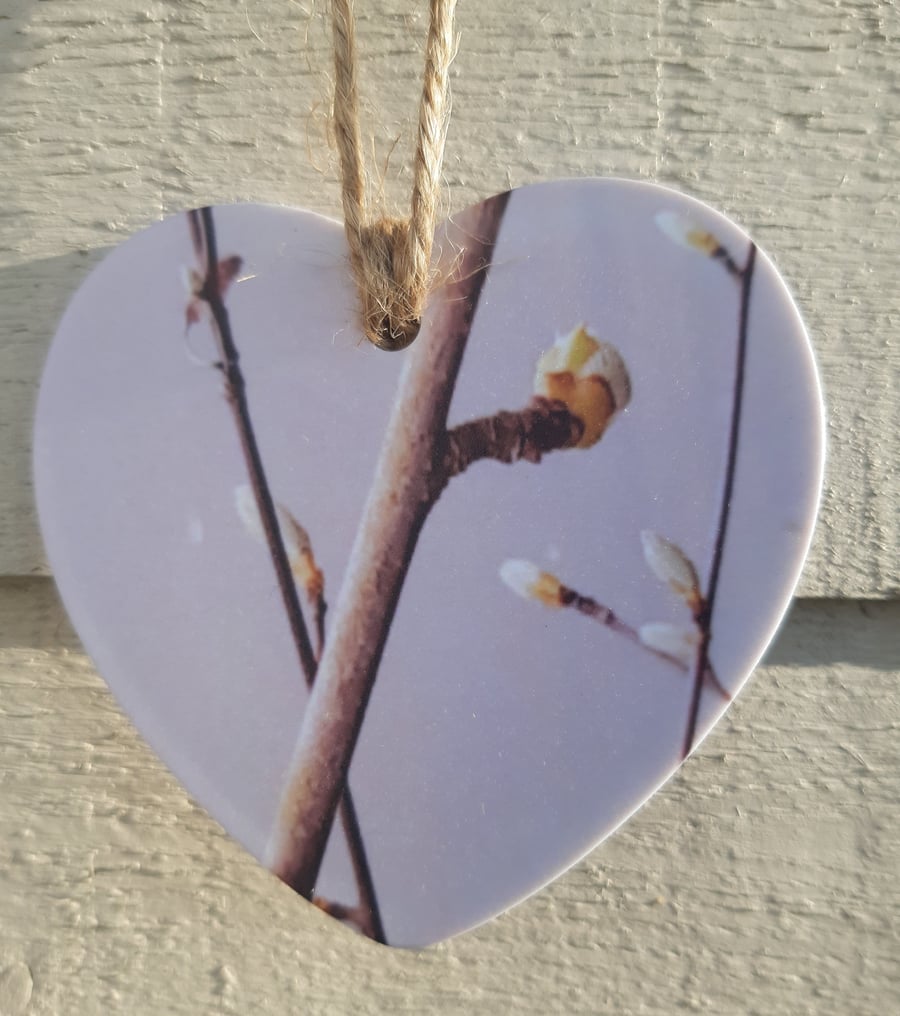 Hanging heart- Pink tree bud print- letterbox gift