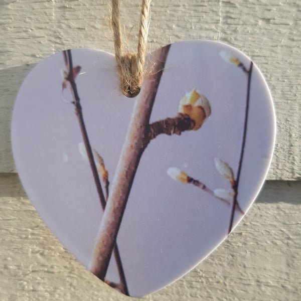 Hanging heart- Pink tree bud print- letterbox gift