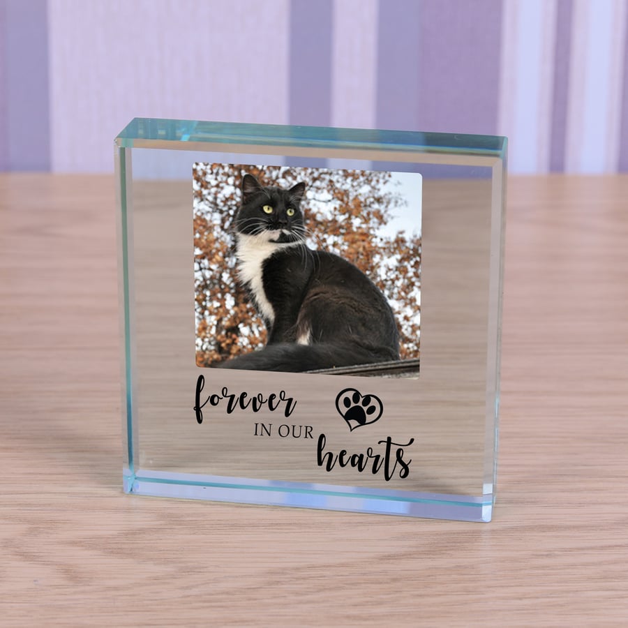 Cat Memorial Personalised Photo, Engraved Glass Block, Cat Lovers Gift, Forever