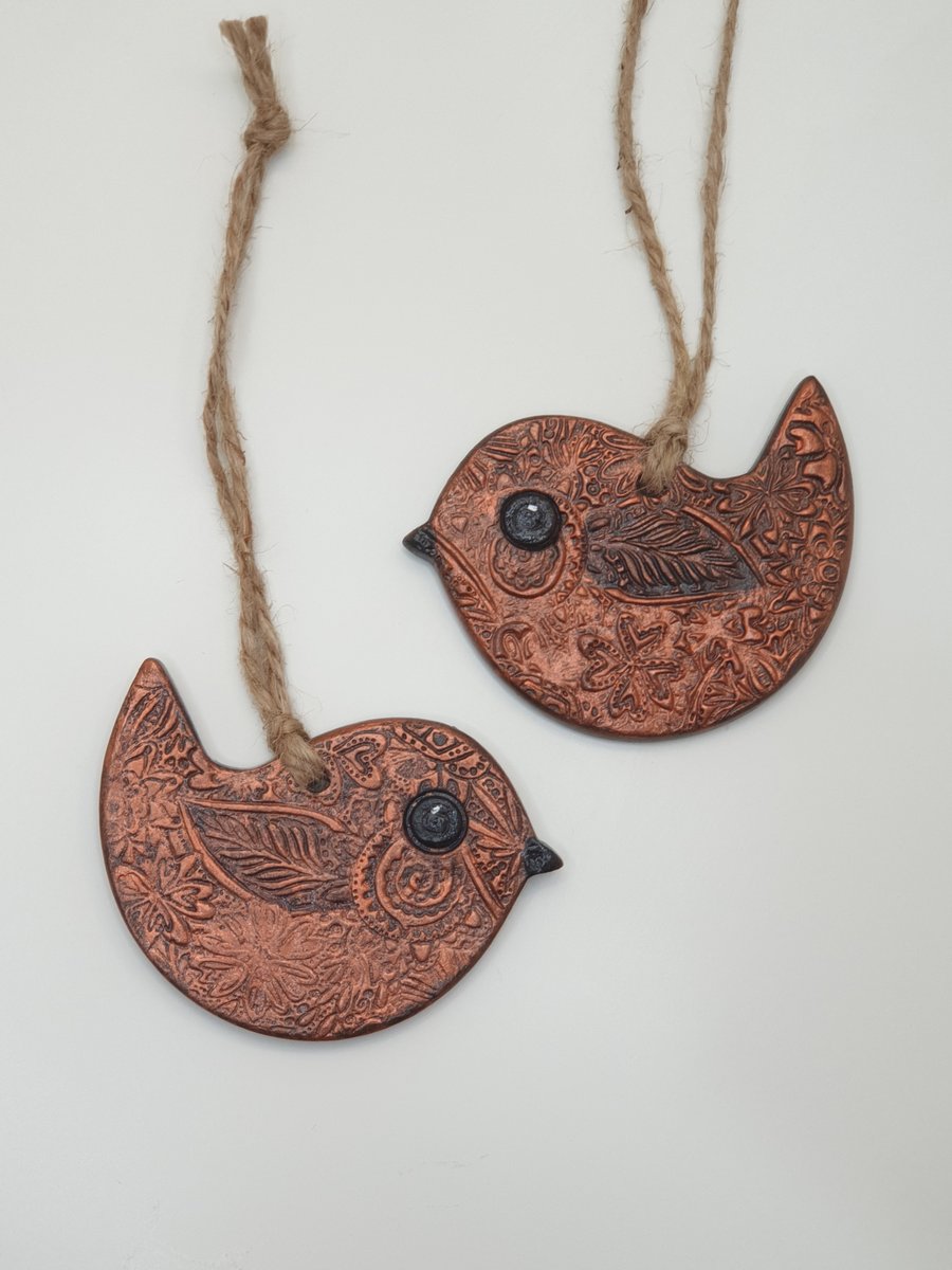 Clay bird hanging decoration, gift for a bird lover in autumn colours 