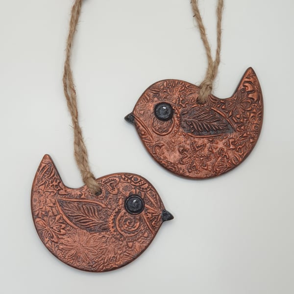 Clay bird hanging decoration, gift for a bird lover in autumn colours 