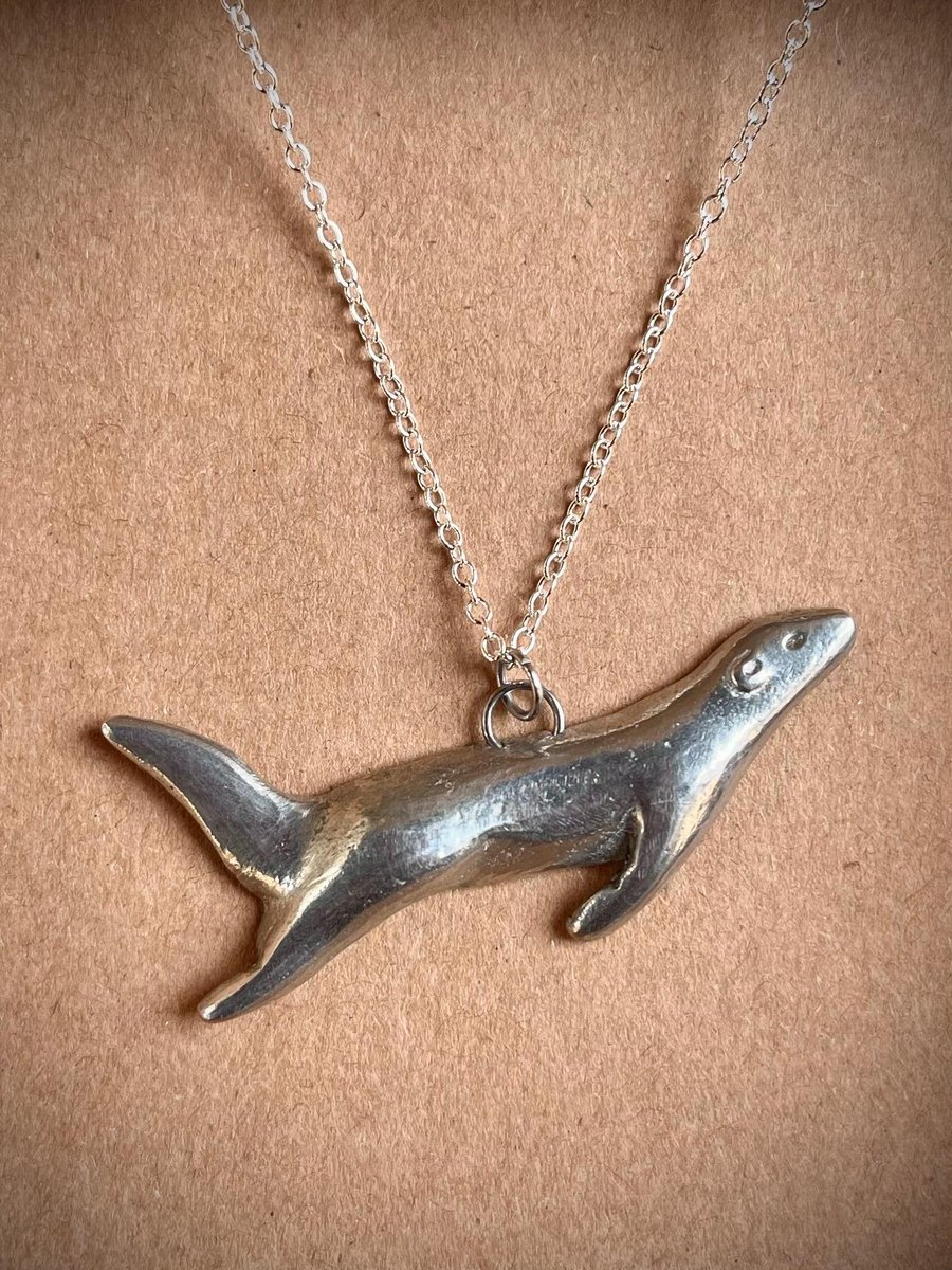 Handmade Recycled Pewter Otter Necklace: Swimming River Animal, Otter Sculpture 