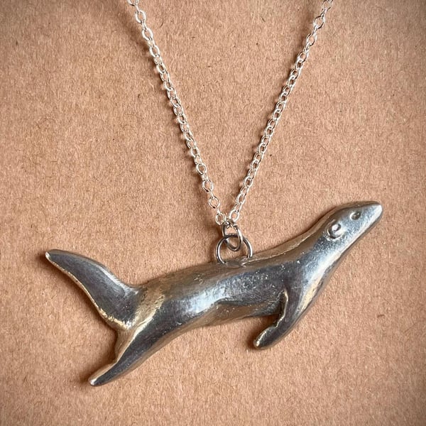 Handmade Recycled Pewter Otter Necklace: Swimming River Animal, Otter Sculpture 