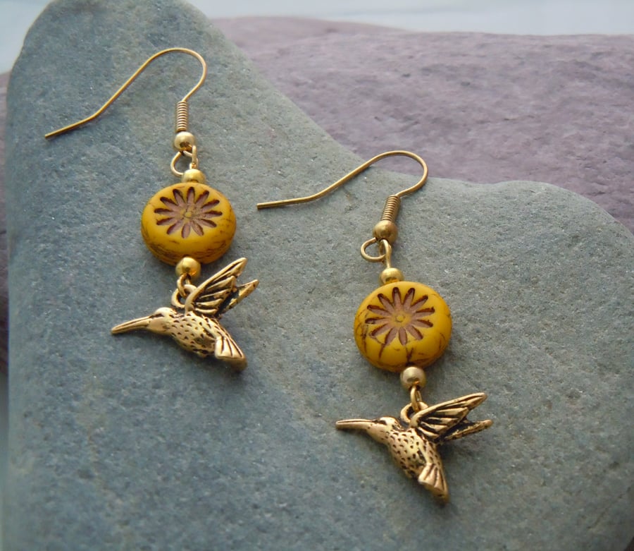 Czech glass & Humming bird charm earrings