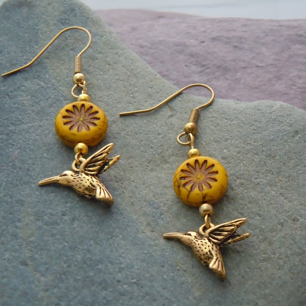 Czech glass & Humming bird charm earrings