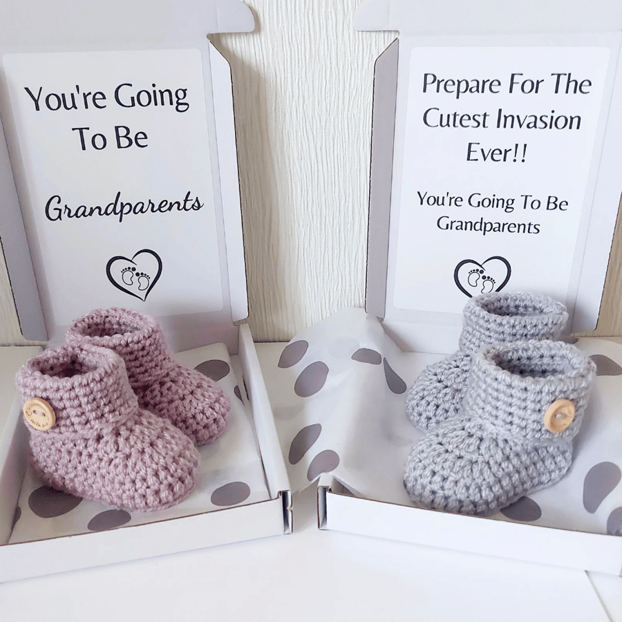 Grandparents Pregnancy Announcement Gift – Handmade Baby Booties Reveal Box