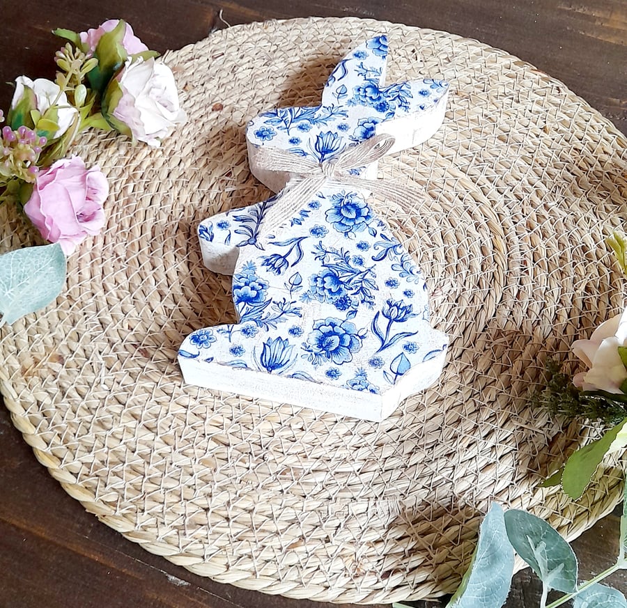 Freestanding Wooden Bunny Blue Floral - Folksy