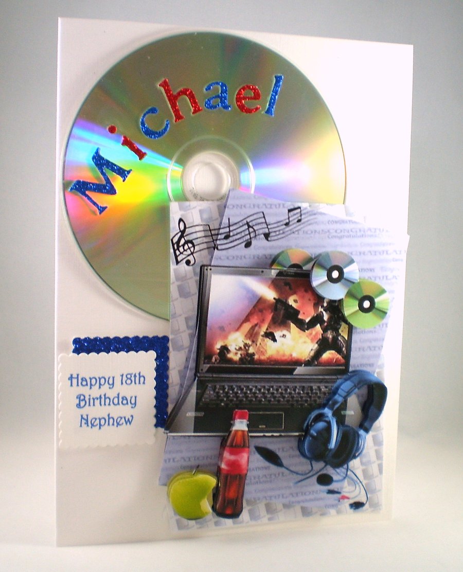 3D 18th Birthday Card, music,laptop,headphones,cd's. 21st,personalise