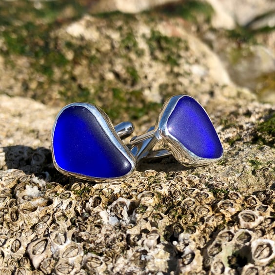 Stunning Cobalt Blue Sea Glass and Sterling Silver Cufflinks - 1033