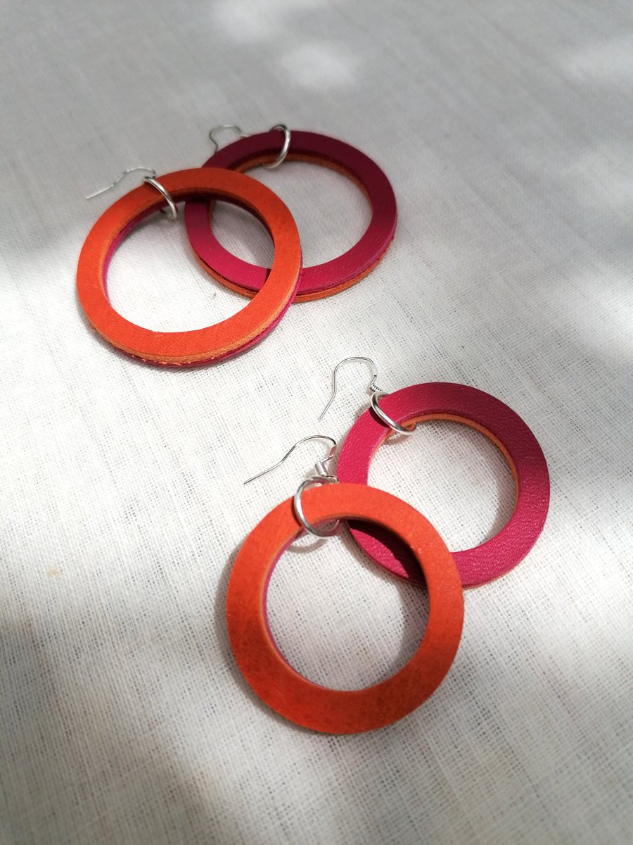 Colour Duo Leather Hoop Earrings - Orange & Pink