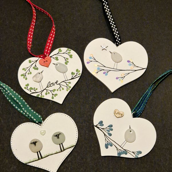 Set of 4 handmade hanging wood hearts with seaham seaglass birds love gift 