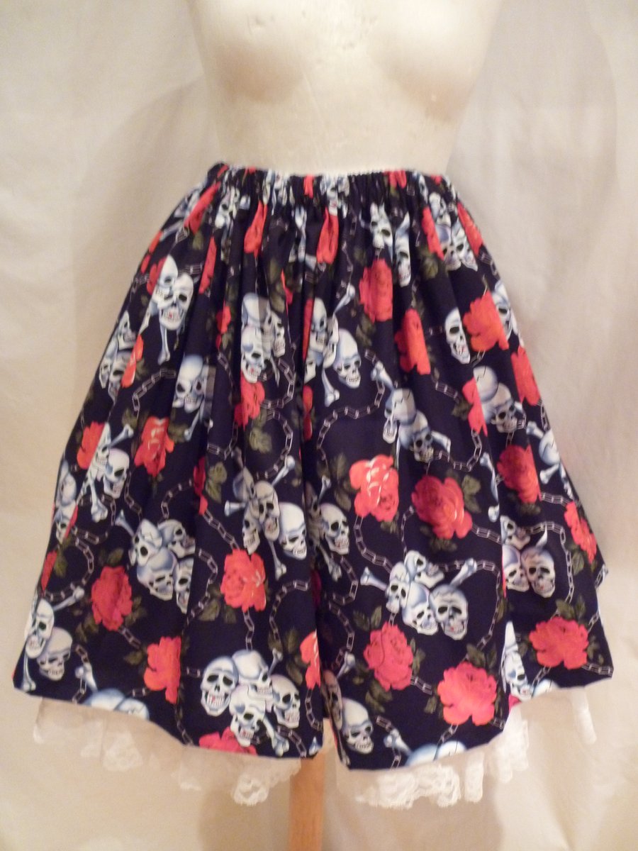 Skull and Roses Full Flared Rockabilly Cotton Skirt  Size 12 14