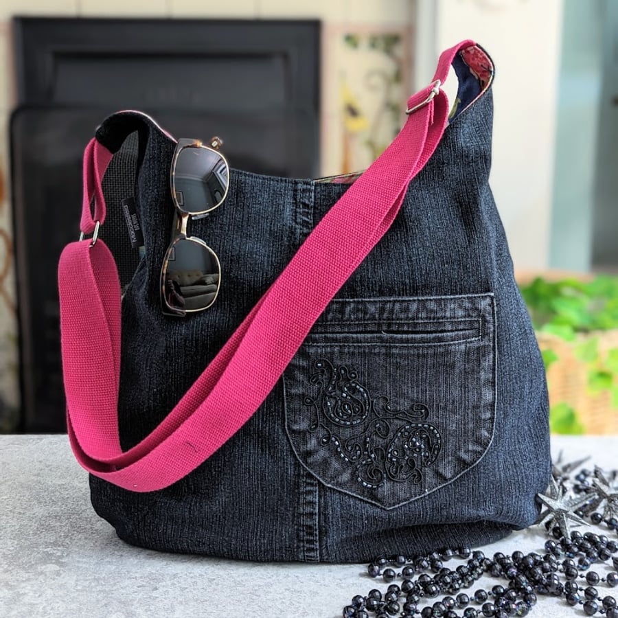 Denim Bag - Black Denim Jeans Cross Body Bag with Beaded detail (P&P incl)