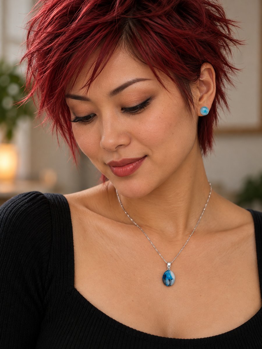 Blue and White Fused Glass Stud Earrings and Pendant Set