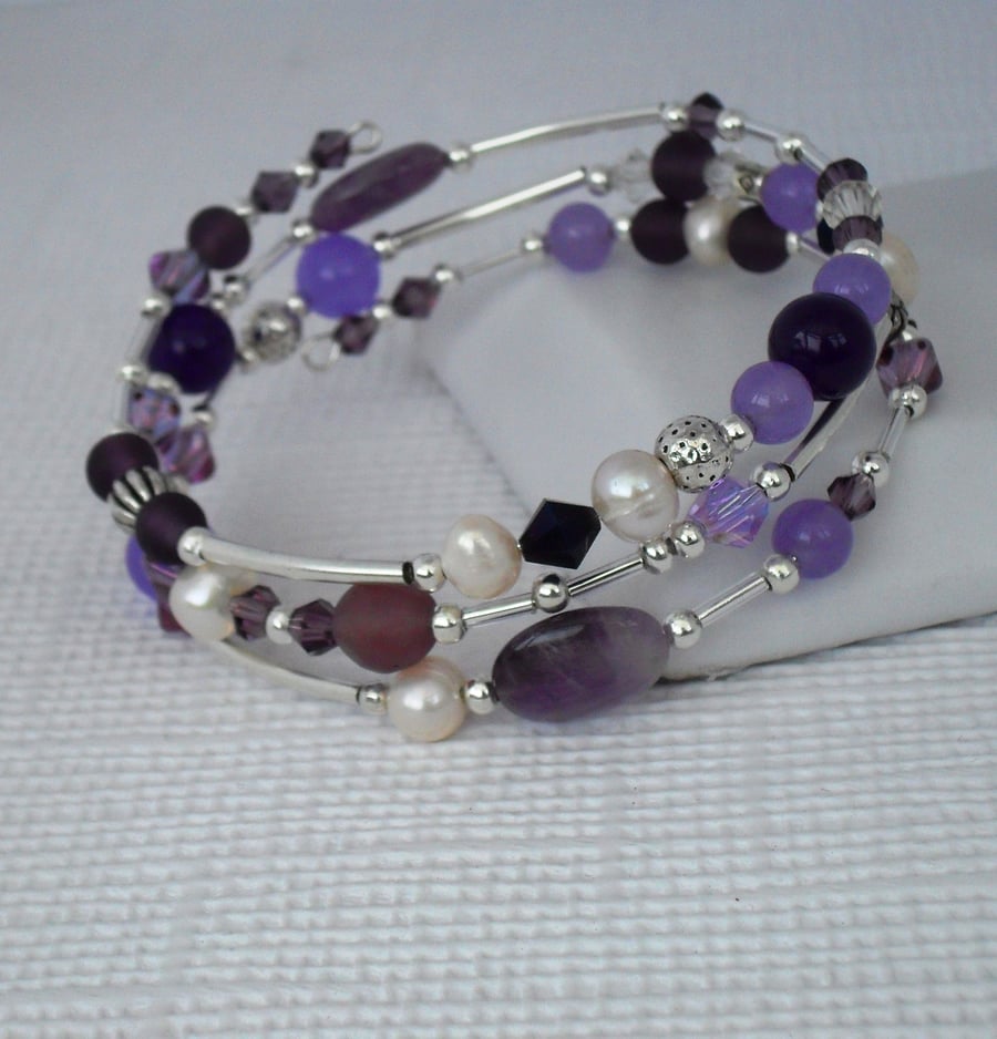 Amethyst, pearl, crystal and purple gemstone wire wrap bracelet