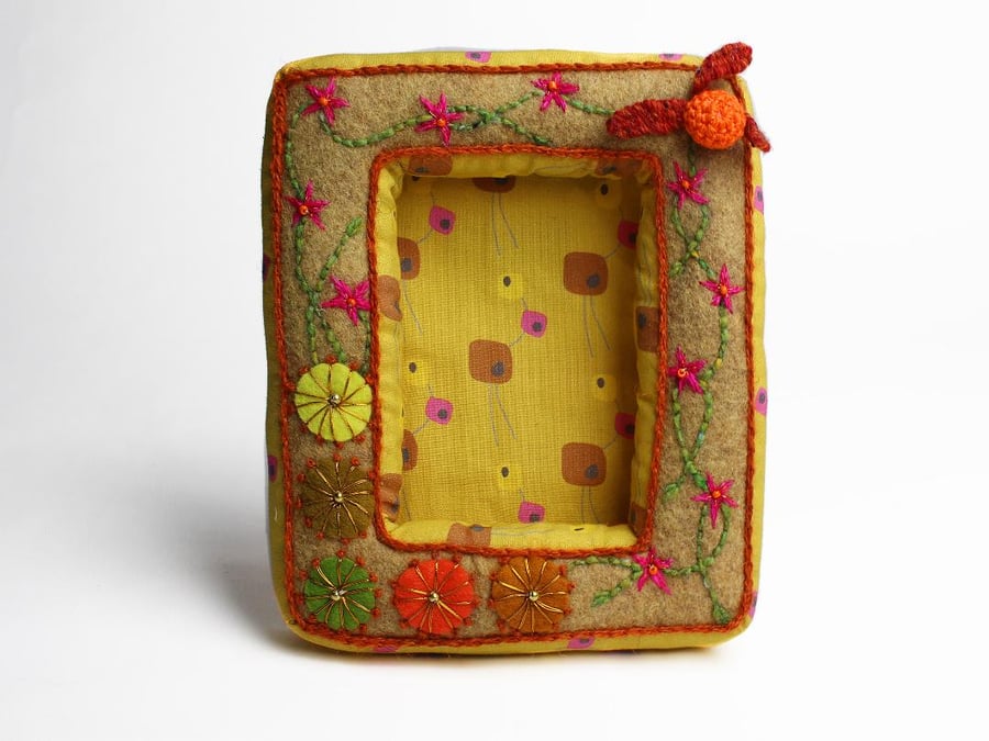 Oatmeal will felt picture frame with hand embroidery