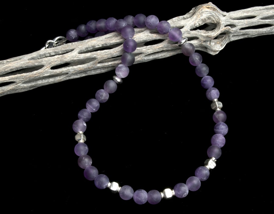 Amethyst and sterling silver necklace, matt lavender purple opaque beads