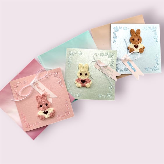 Birthday card, new baby, toddler, young child. Reusable rabbit applique patch.