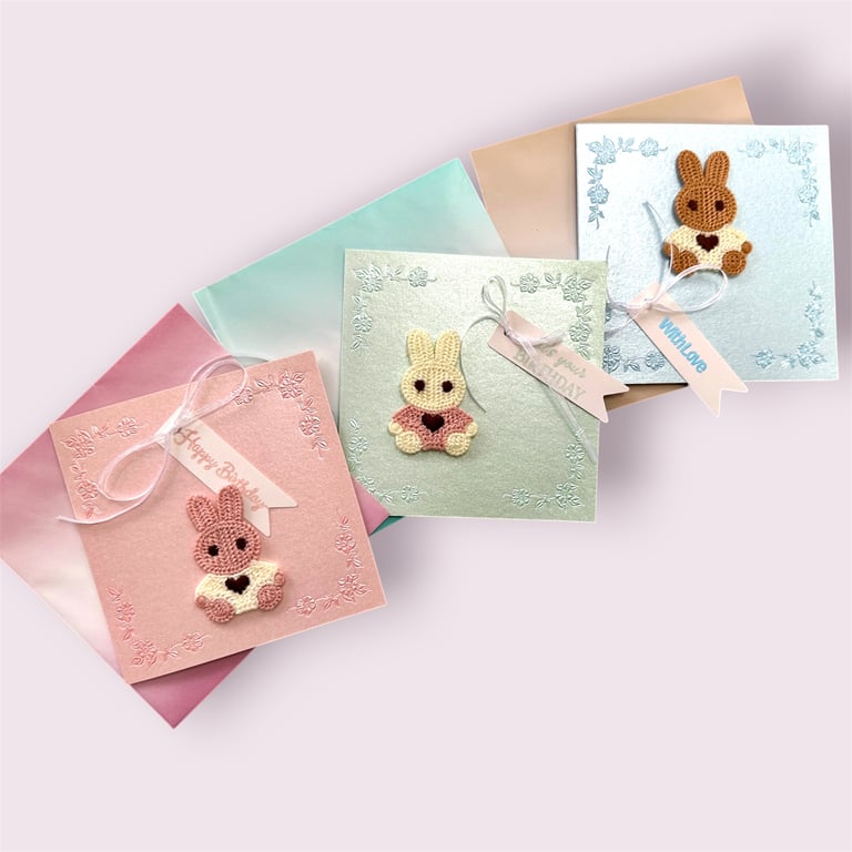 Birthday card baby, toddler, young child. Reusable fabric rabbit applique patch.