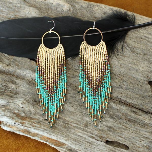 Fringe Gold Hoop Ombre Dangle Seed Bead Earrings Gold to Turquoise Tassels