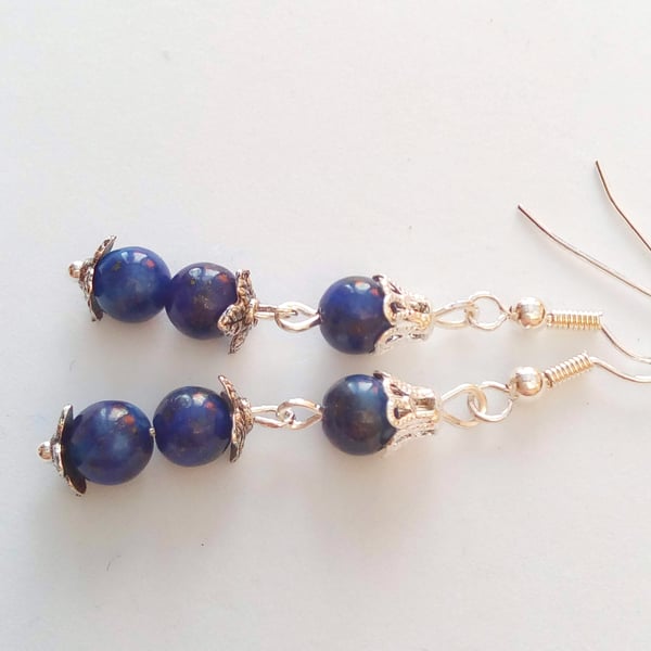 Earrings Made With Lapis Lazuli Beads and Silver Plated Flower Bead Caps
