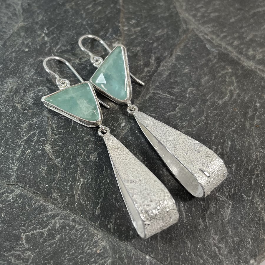 Silver and aquamarine long earrings