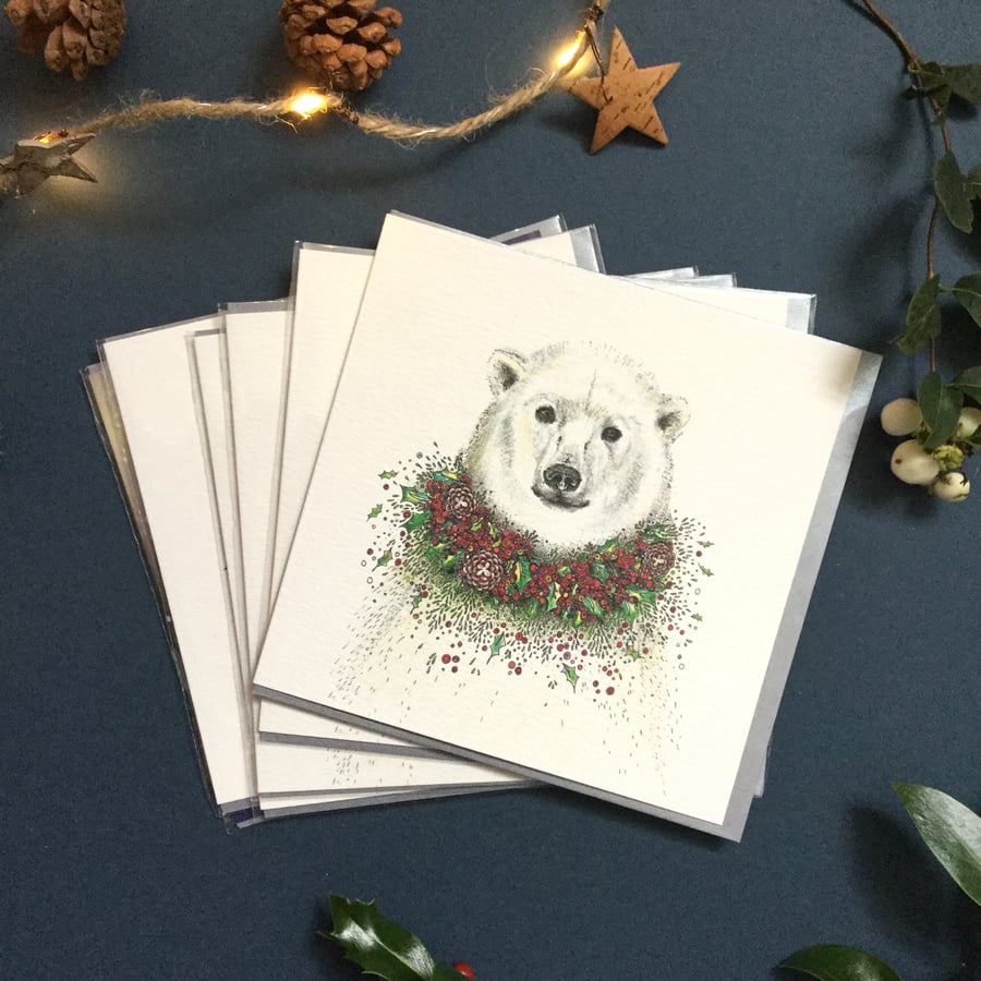 Christmas Polar Bear with holly card pack x 6