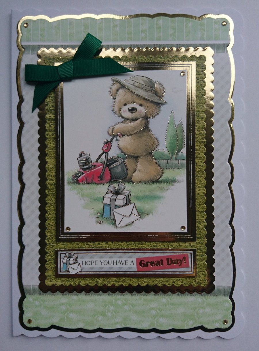 Male Birthday Card Teddy Bear Mowing the Lawn Have a Great Day Birthday