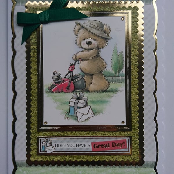 Male Birthday Card Teddy Bear Mowing the Lawn Have a Great Day Birthday