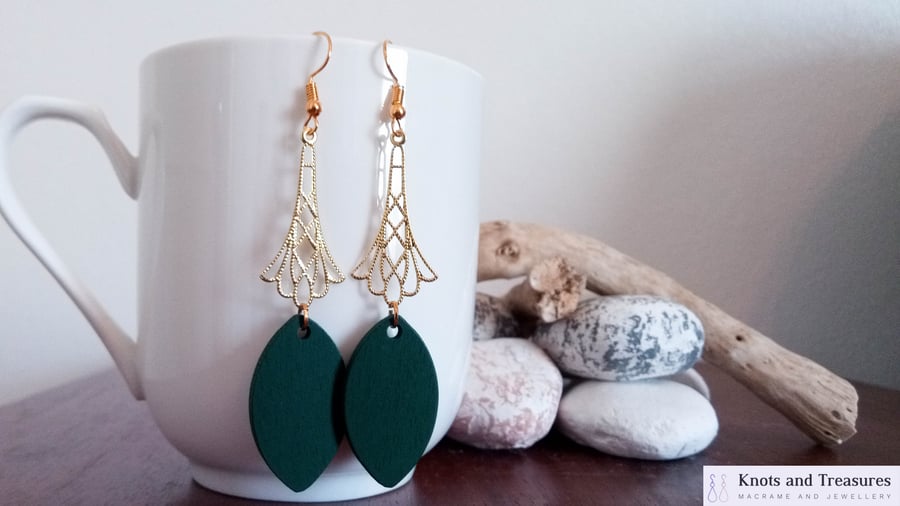 Gold Design and Green Wooden Leaf Pendant Dangle Earrings