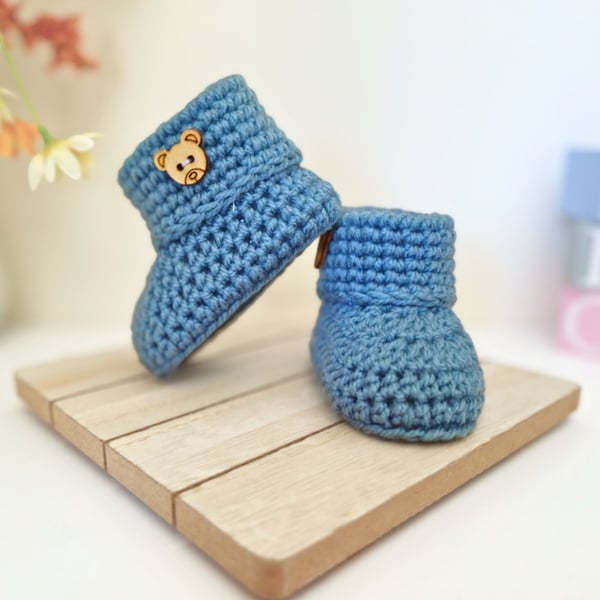 Crochet Baby Booties with Teddy Button – Handmade Gift for Newborn to 6 Months