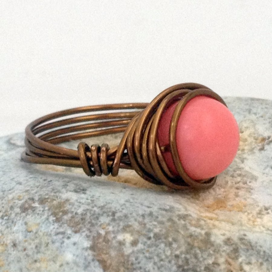 Antique Bronze & Pink Coral Wrapped Ring