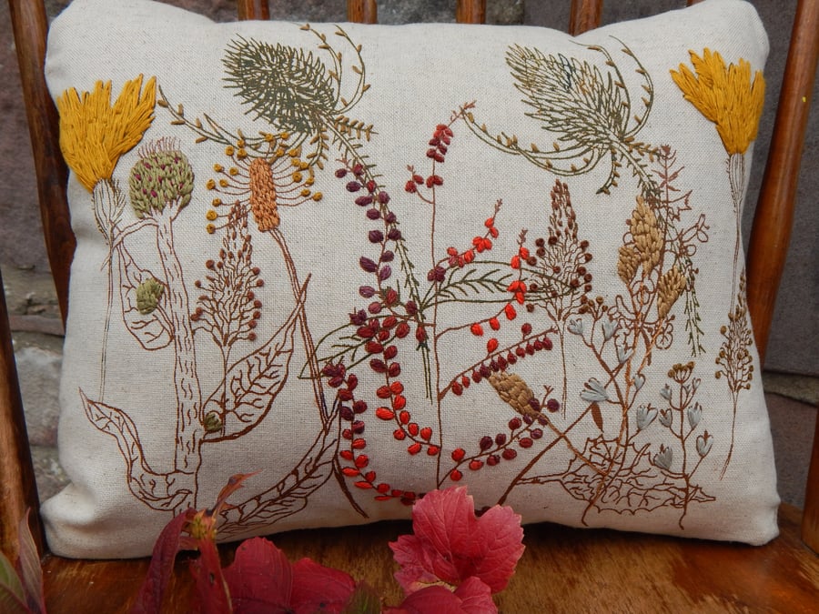 Beige, autumn - Screen printed wild flower cushion 
