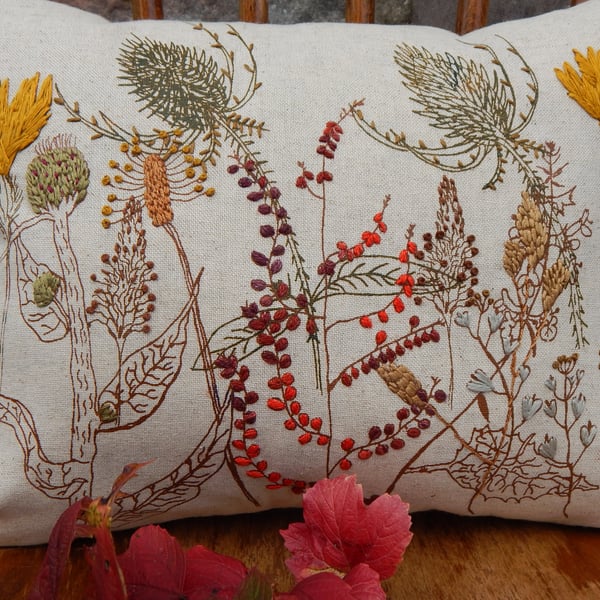 Beige, autumn - Screen printed wild flower cushion 