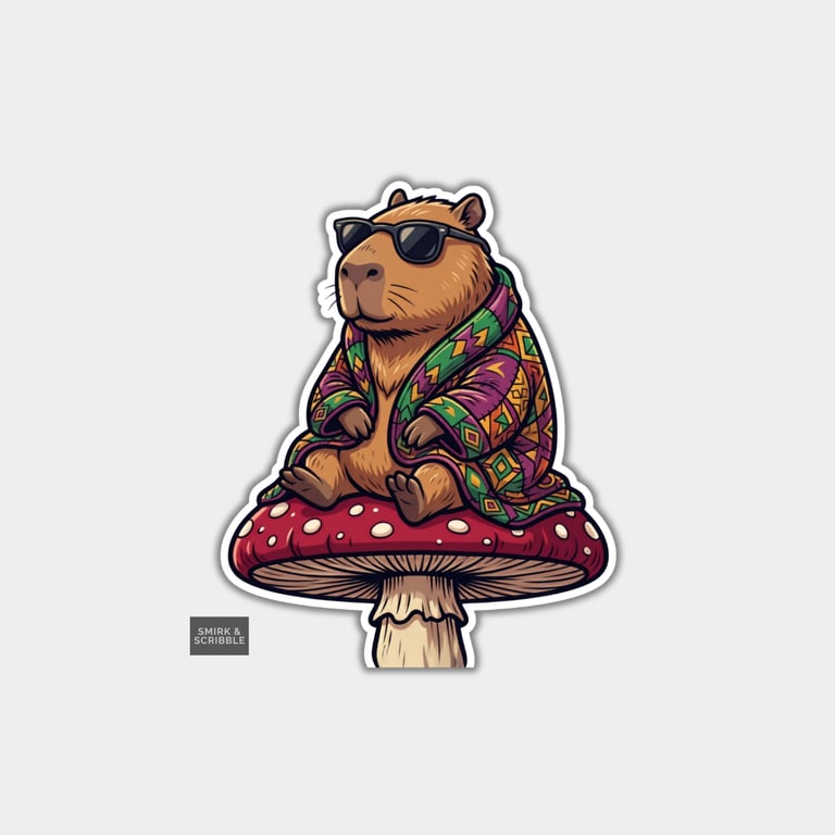 Funny Die Cut Vinyl Sticker - Cool Capybara On Toadstool