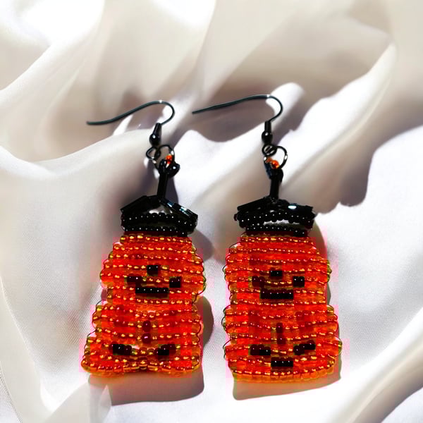 Handmade Spooky Stacked Jack-o’-Lantern Beaded Drop Earrings 