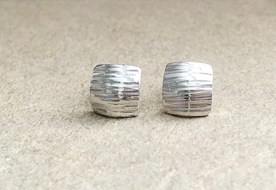Silver Square Stud Earrings - Handmade Sparkly Stripes Texture - Solid Sterling 