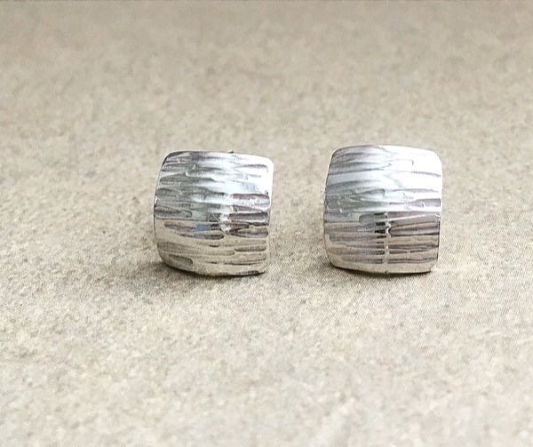 Silver Square Stud Earrings - Handmade Sparkly Stripes Texture - Solid Sterling 
