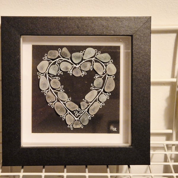 Gorgeous little handmade seaham seaglass heart sea glass in 12cmx12cm box frame