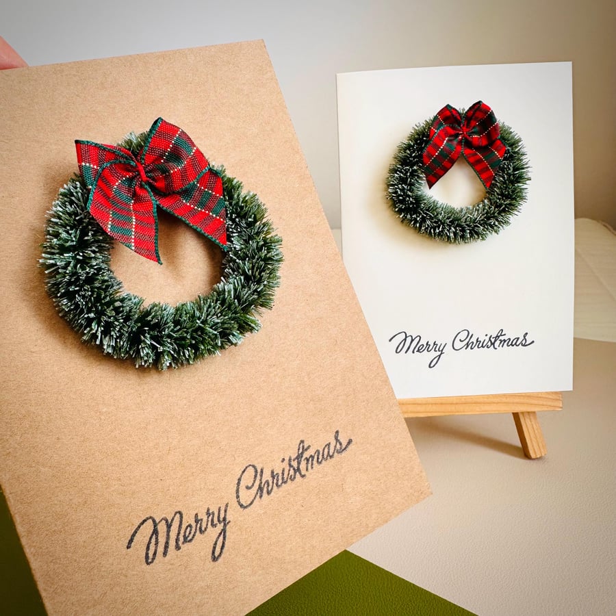 Mini Christmas wreath greeting card tartan bow pine ring holiday wishes 