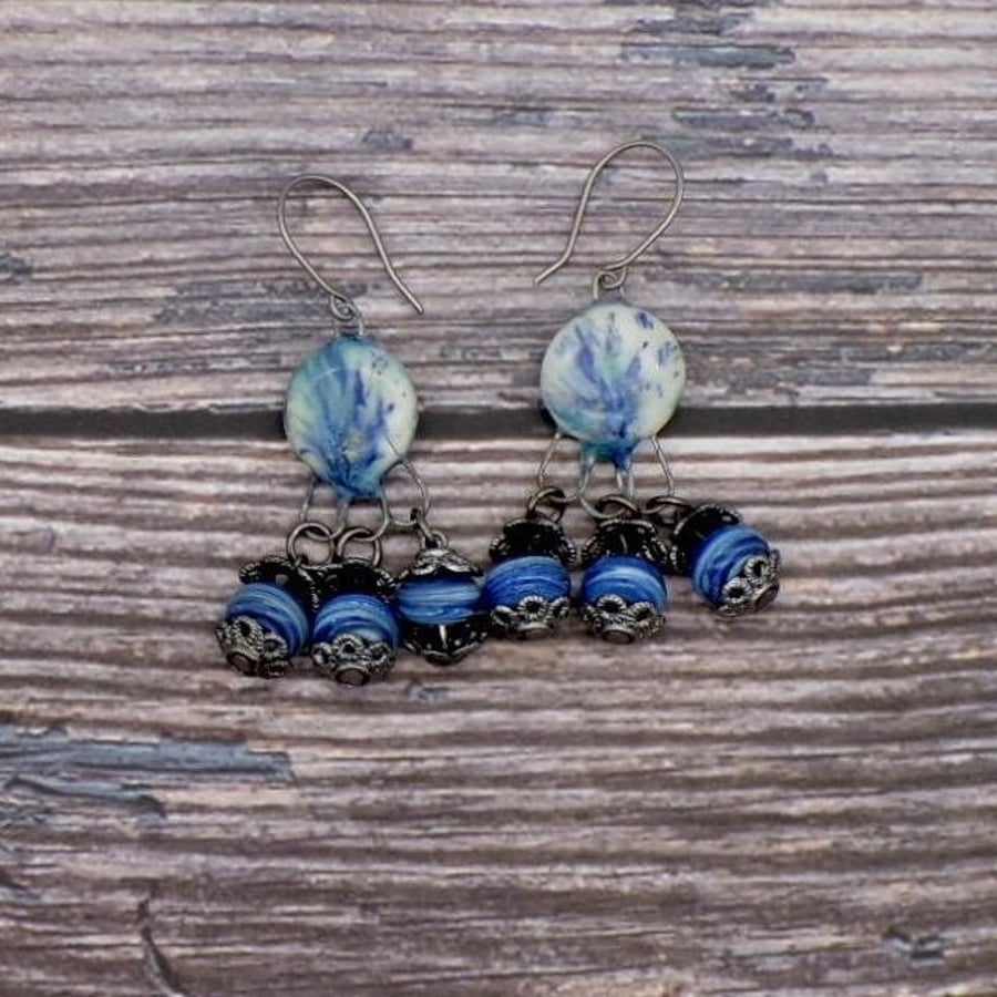 Handmade Ceramic Dangle Earrings Effetre Glass Beads, Titanium Hooks