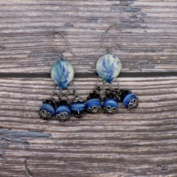 Handmade Ceramic Dangle Earrings Effetre Glass Beads, Titanium Hooks