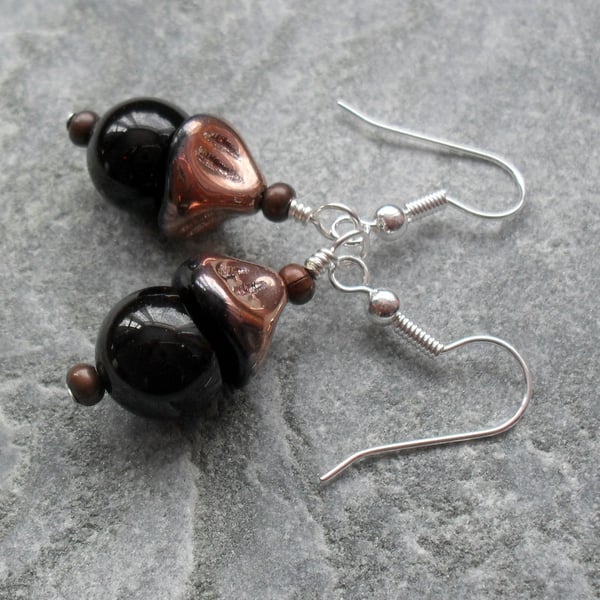 Black Agate and Copper Tone Czech Glass Earrings