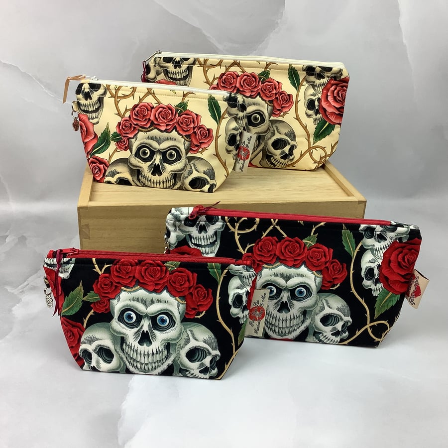 Skulls and Roses zip bag, Gothic makeup bag, 2 colour and size options, Handmade