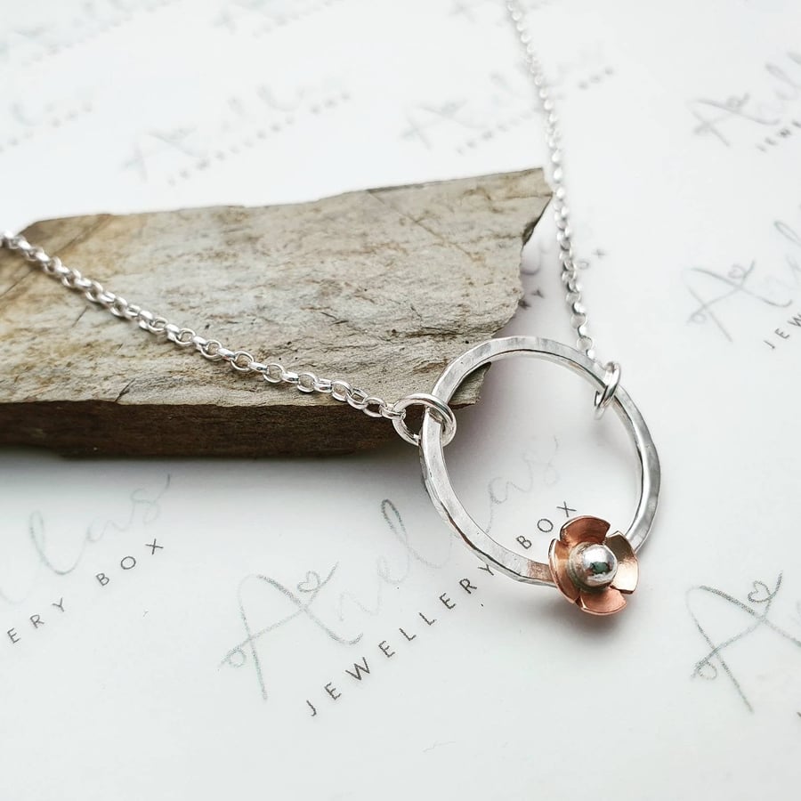Mixed Metal Flower Circle Necklace, Circle Pendant, Silver Simple Necklace